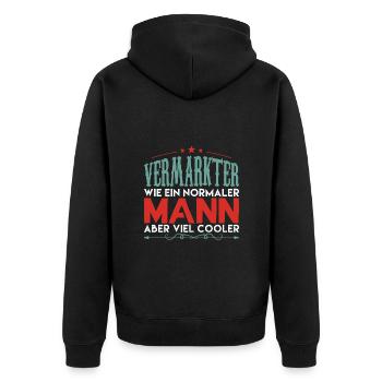 VERMARKTER WIE EIN NORMALER MANN ABER VIEL COOLER - Unisex Premium Bio Zip Hoodie - Schwarz - Hinten - Nico (187cm)