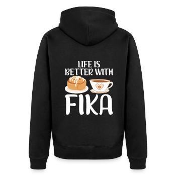 Life Is Better With Fika Kanelbullar Kaffee - Unisex Premium Bio Zip Hoodie - Schwarz - Hinten - Nico (187cm)