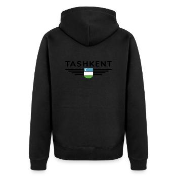 Taschkent T-Shirt – Usbekistans Herz - Unisex Premium Bio Zip Hoodie - Schwarz - Hinten - Nico (187cm)