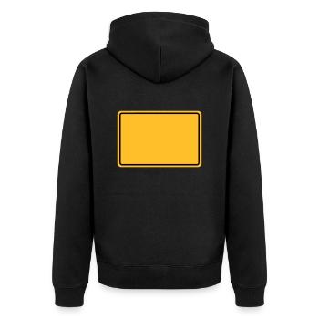 Ortsschild + Dein Text - Unisex Premium Bio Zip Hoodie - Schwarz - Hinten - Nico (187cm)