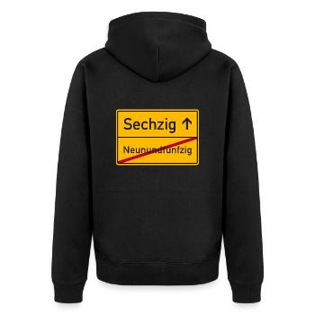Verkehrsschild Ortsschild sechzig 60. Geburtstag - Unisex Premium Bio Zip Hoodie - Schwarz - Hinten - Nico (187cm)