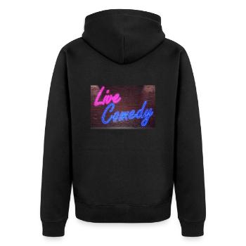 Leuchtreklame Live Comedy an Ziegelsteinmauer - Unisex Premium Bio Zip Hoodie - Schwarz - Hinten - Nico (187cm)