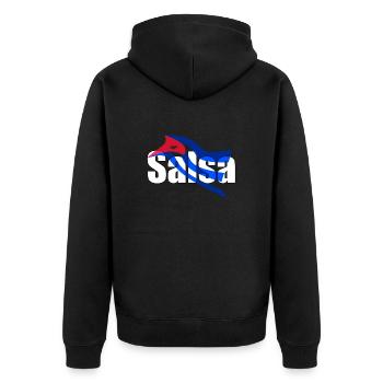 Hintergrund mit kubanischer Flagge geschriebener Salsa - Unisex Premium Bio Zip Hoodie - Schwarz - Hinten - Nico (187cm)