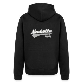 Neukölln 44 Berlin - Unisex Premium Bio Zip Hoodie - Schwarz - Hinten - Nico (187cm)