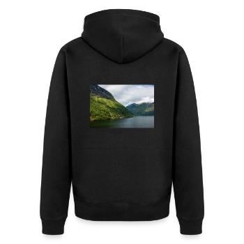 Eingang der Geiranger Fjorde bei Geiranger - Unisex Premium Bio Zip Hoodie - Schwarz - Hinten - Nico (187cm)