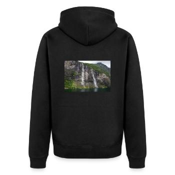 Seven Sisters Waterfall Norway Geiranger - Unisex Premium Bio Zip Hoodie - Schwarz - Hinten - Nico (187cm)