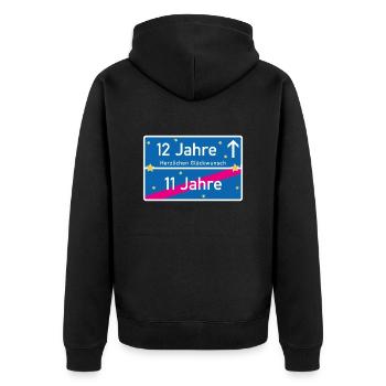 12 Jahre Ortsschild Herzlichen Glückwunsch Blau - Unisex Premium Bio Zip Hoodie - Schwarz - Hinten - Nico (187cm)