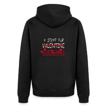 V Steht Für Video Games! - Unisex Premium Bio Zip Hoodie - Schwarz - Hinten - Nico (187cm)