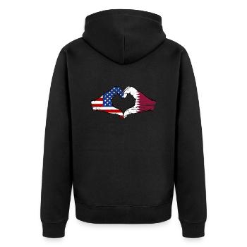 États-Unis, drapeau du Qatar, mains, forme de coeur utilisé - Veste à capuche bio Premium Unisexe - noir - Dos - Nico (187cm)