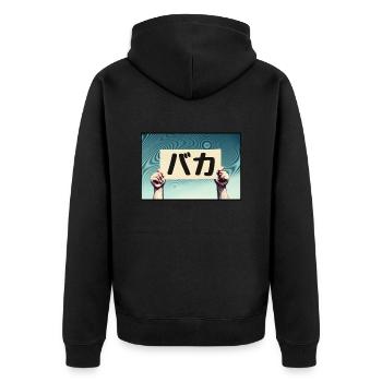 Schild - Baka! - Unisex Premium Bio Zip Hoodie - Schwarz - Hinten - Nico (187cm)
