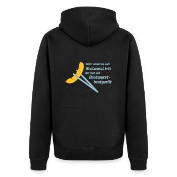 Bob: Wer anderen eine Bratwurst brät, der hat ein - Unisex Premium Bio Zip Hoodie - Schwarz - Hinten - Nico (187cm)