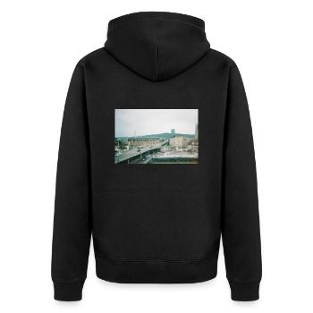 Prime Tower Zürich - Unisex Premium Bio Zip Hoodie - Schwarz - Hinten - Nico (187cm)