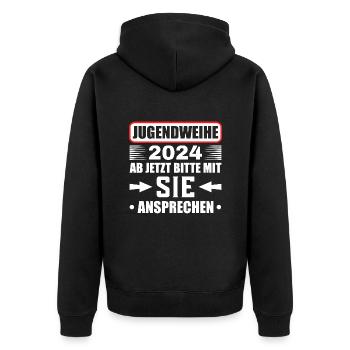 Jugendweihe 2024 Ab Jetzt Bitte Mit Sie Ansprechen - Unisex Premium Bio Zip Hoodie - Schwarz - Hinten - Nico (187cm)