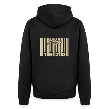 Jahrgang 1970 Barcode 1970: Jahr 2025. - Unisex Premium Bio Zip Hoodie - Schwarz - Hinten - Nico (187cm)