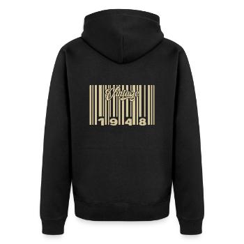 Jahrgang 1948 Barcode 1948: Jahr 2025. - Unisex Premium Bio Zip Hoodie - Schwarz - Hinten - Nico (187cm)