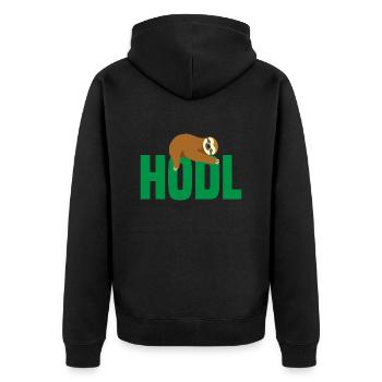 Fautier mit Bitcoin, Hodl - Unisex Premium Bio Zip Hoodie - Schwarz - Hinten - Nico (187cm)