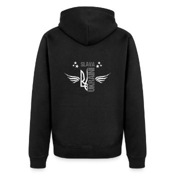 Ukraine Ruhm und Ehre - Unisex Premium Bio Zip Hoodie - Schwarz - Hinten - Nico (187cm)