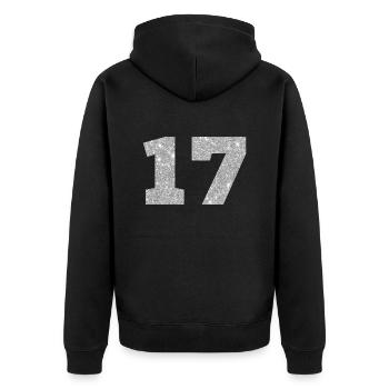 Nummer 17 Silberner Glitzer - 17. Jubiläum - Unisex Premium Bio Zip Hoodie - Schwarz - Hinten - Nico (187cm)