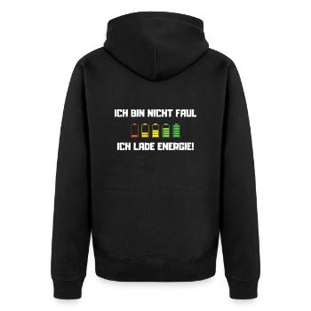Ich bin nicht faul, ich lade Energie! - Unisex Premium Bio Zip Hoodie - Schwarz - Hinten - Nico (187cm)