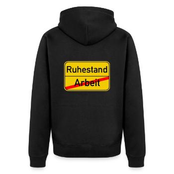 Ortsschild Arbeit - Ruhestand - Unisex Premium Bio Zip Hoodie - Schwarz - Hinten - Nico (187cm)