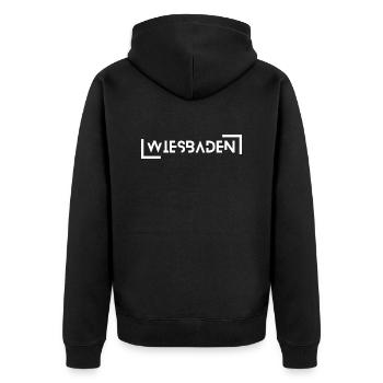 Wiesbaden - Unisex Premium Bio Zip Hoodie - Schwarz - Hinten - Nico (187cm)