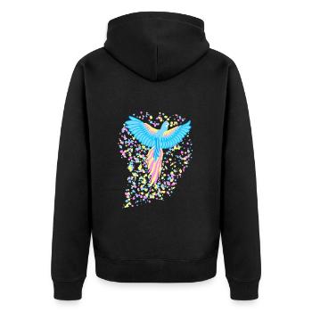 Paradiesvogel, Fantasievogel, Papagei, Flecken - Unisex Premium Bio Zip Hoodie - Schwarz - Hinten - Nico (187cm)
