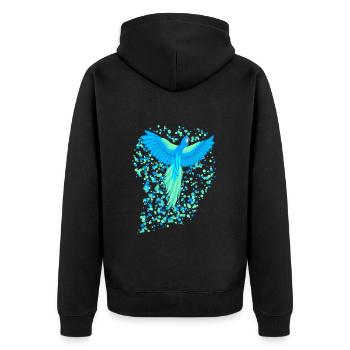 Paradiesvogel, Fantasievogel, Papagei, Flecken - Unisex Premium Bio Zip Hoodie - Schwarz - Hinten - Nico (187cm)