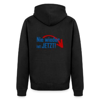 Nie wieder ist jetzt! - Unisex Premium Bio Zip Hoodie - Schwarz - Hinten - Nico (187cm)