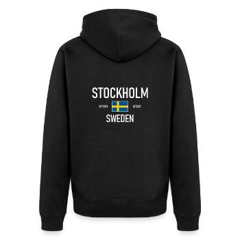 Stockholm - Schweden - Sverige Flagge Koordinaten - Unisex Premium Bio Zip Hoodie - Schwarz - Hinten - Nico (187cm)