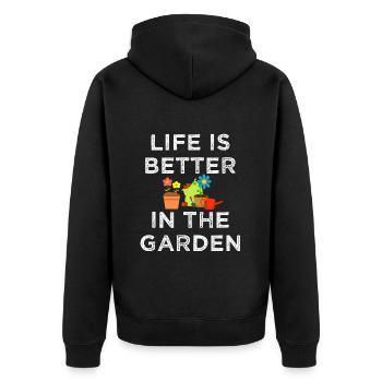 Gartenleben ist besser im Garten Geschenkgarten - Unisex Premium Bio Zip Hoodie - Schwarz - Hinten - Nico (187cm)