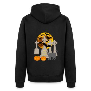 Halloween, Chat, Citrouille, Chauve-souris, Croix celtique - Veste à capuche bio Premium Unisexe - noir - Dos - Nico (187cm)