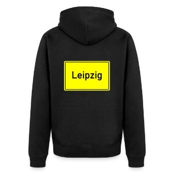 ortsschild leipzig - Unisex Premium Bio Zip Hoodie - Schwarz - Hinten - Nico (187cm)