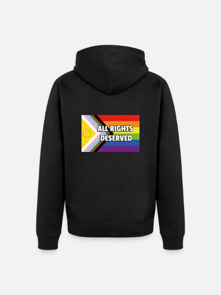 Inkluderande Pride Progress Flagga ALLA RÄTTIGHETER FÖRTJÄNADE - Ekologisk premiumluvjack unisex - svart