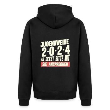 Jugendweihe 2024 Ab Jetzt Bitte Mit Sie Ansprechen - Unisex Premium Bio Zip Hoodie - Schwarz - Hinten - Nico (187cm)