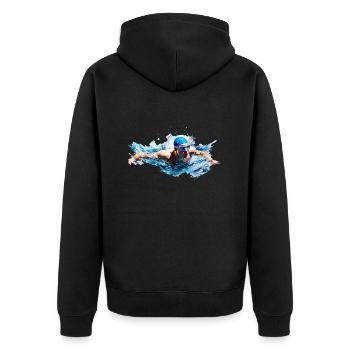 Schwimmen gibt es in verschiedenen Disziplinen - Unisex Premium Bio Zip Hoodie - Schwarz - Hinten - Nico (187cm)