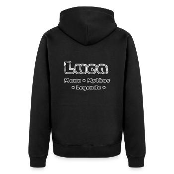 Luca - Mann, Mythos, Legende - Unisex Premium Bio Zip Hoodie - Schwarz - Hinten - Nico (187cm)