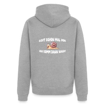 Geht schon mal vor, ich komm dann nach - Unisex Premium Bio Zip Hoodie - Grau meliert - Hinten - Nico (187cm)