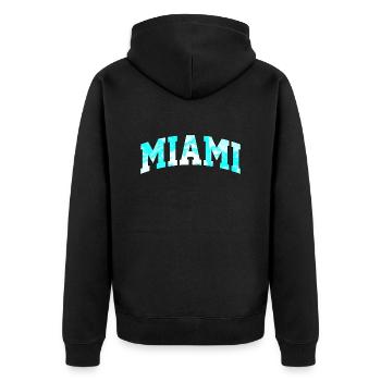 Miami-Logo: College-Design mit tropischem Flair - Unisex Premium Bio Zip Hoodie - Schwarz - Hinten - Nico (187cm)
