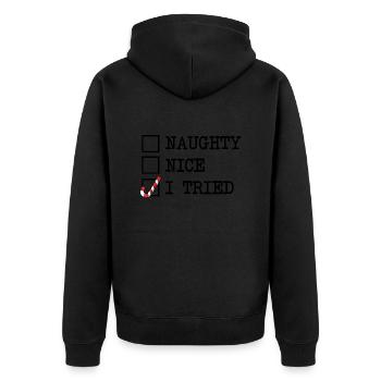 Weihnachten Lustig Frech nett ich habe es versucht - Unisex Premium Bio Zip Hoodie - Schwarz - Hinten - Nico (187cm)