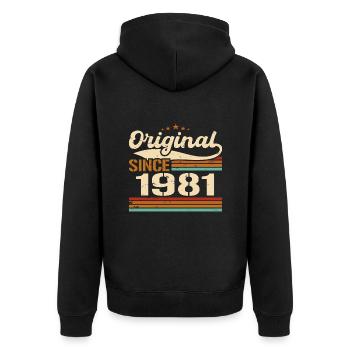 Original 1981 Vintage | Geburtstagsgeschenk 1981 - Unisex Premium Bio Zip Hoodie - Schwarz - Hinten - Nico (187cm)