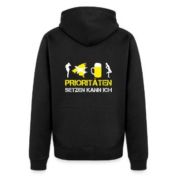 Lustiges Mallorca PRIORITÄTEN SETZEN KANN ICH Bier - Unisex Premium Bio Zip Hoodie - Schwarz - Hinten - Nico (187cm)