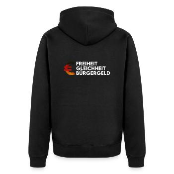 T-Shirt Bürgergeld-Freiheit Gleichheit Bürgergeld - Unisex Premium Bio Zip Hoodie - Schwarz - Hinten - Nico (187cm)