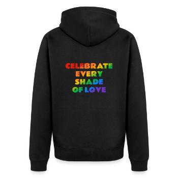 Celebrate Every Shade of Love Regenbogentext - Unisex Premium Bio Zip Hoodie - Schwarz - Hinten - Nico (187cm)