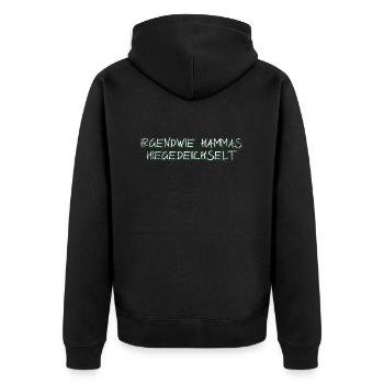 Badische Sprüche > Irgendwie hammas hiegedeichselt - Unisex Premium Bio Zip Hoodie - Schwarz - Hinten - Nico (187cm)