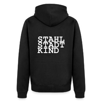 Stahlstadt Kind - Linz - Unisex Premium Bio Zip Hoodie - Schwarz - Hinten - Nico (187cm)