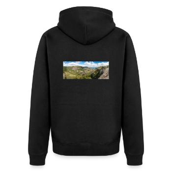 Tjødnane Seen Prekestolen in Rogaland in Norwegen - Unisex Premium Bio Zip Hoodie - Schwarz - Hinten - Nico (187cm)