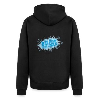 bad decisions great stories - Unisex Premium Organic Zip Hoodie - black - Back - Nico (187cm)