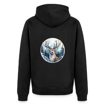 Hirsch im schneebedeckten Wald - Unisex Premium Bio Zip Hoodie - Schwarz - Hinten - Nico (187cm)