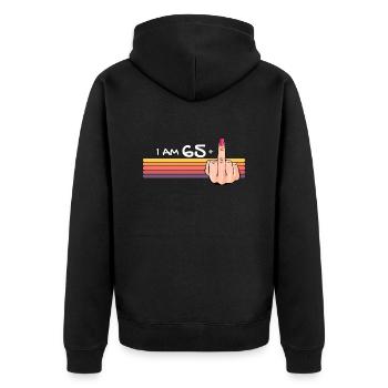 Ich bin 65 + 1 Mittelfinger-Shirt Ich bin 65 plus, - Unisex Premium Bio Zip Hoodie - Schwarz - Hinten - Nico (187cm)
