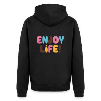 GENIESSEN SIE DAS LEBEN MIT DONUTS - Unisex Premium Bio Zip Hoodie - Schwarz - Hinten - Nico (187cm)